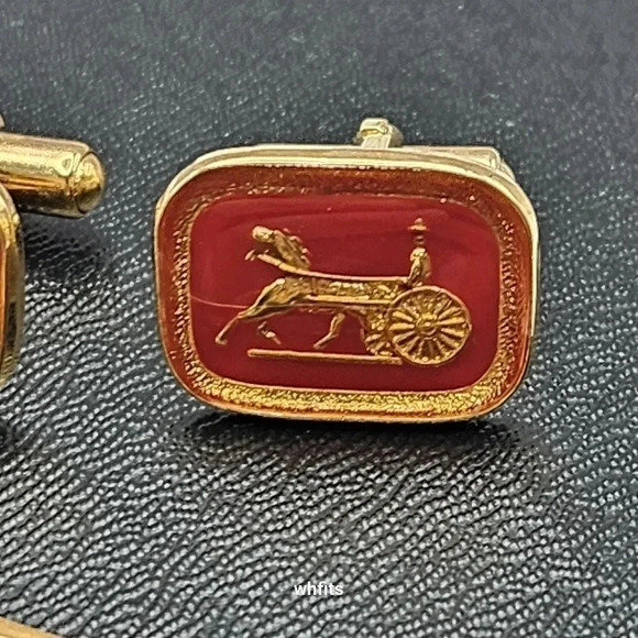 Celine Gold and Burgundy Cufflinks and Tie Bar Set - Picture 6 of 6